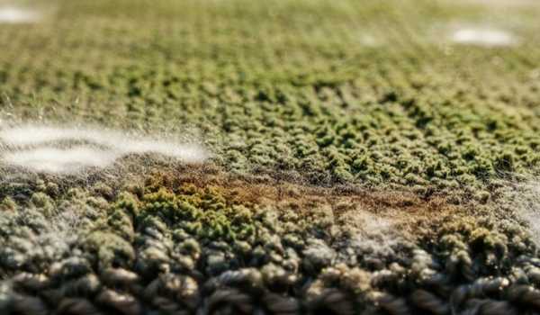 Close-up of mold spots on an outdoor carpet with visible discoloration and rough texture.