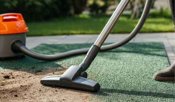 Vacuuming an outdoor carpet to remove dirt and prepare for mold cleaning.